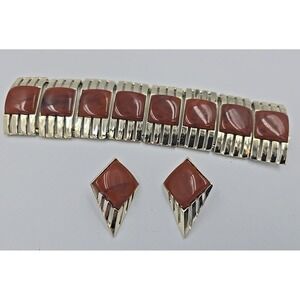 Vintage Charel thermoset Lucite dark brown goldtone Wide panel bracelet set